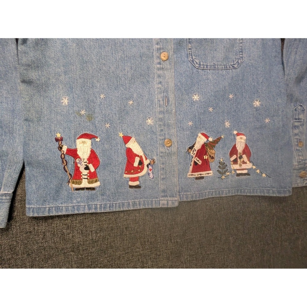 Christopher & Banks Denim Jacket Vtg Christmas Santa Embroidered Size Small - Picture 3 of 7